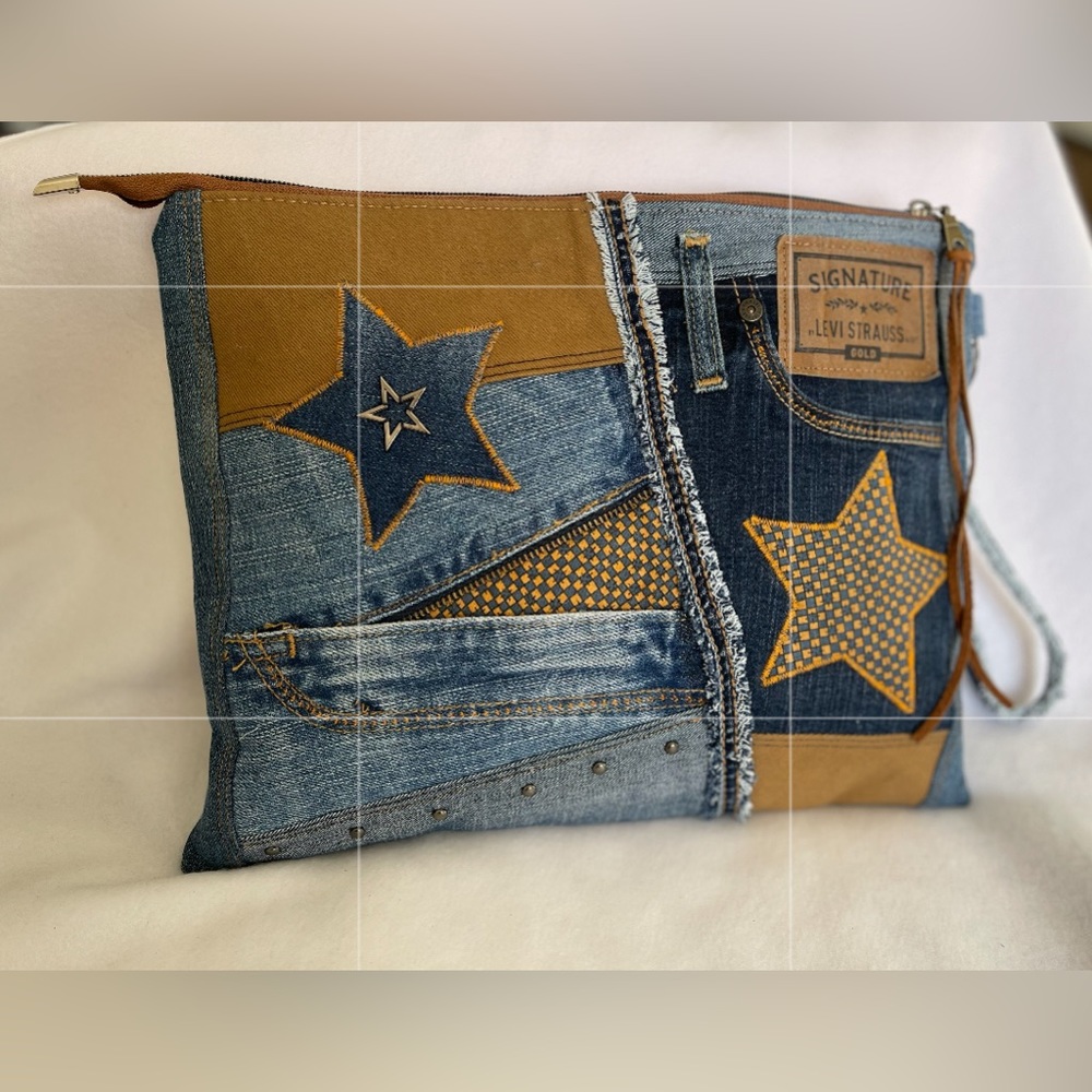 Bohemian Unique Embroidery One-of-a-Kind Denim Patchwork Clutch Wristlet bag